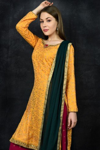 Saffron & Magenta Desi Sharara & Short Kurti Suit