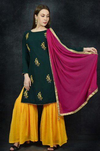 Dark Green & Saffron Yellow Punjabi Gharara Suit 