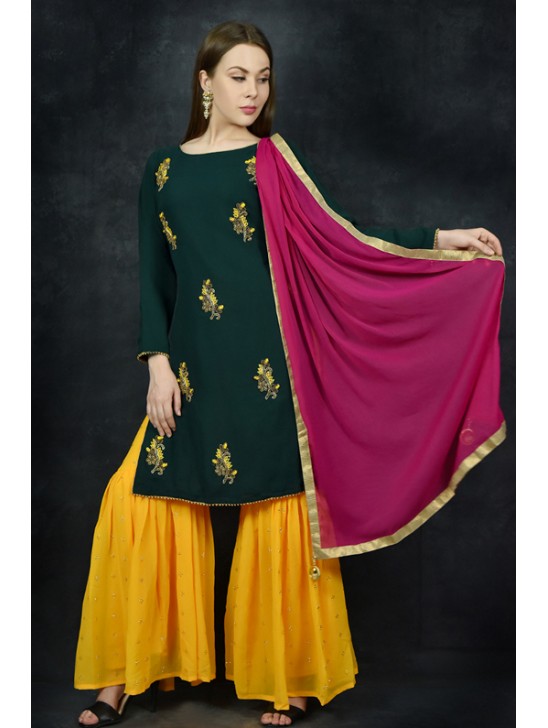 Dark Green & Saffron Yellow Punjabi Gharara Suit