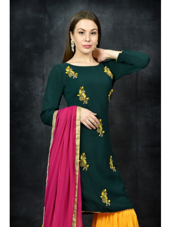 Dark Green & Saffron Yellow Punjabi Gharara Suit