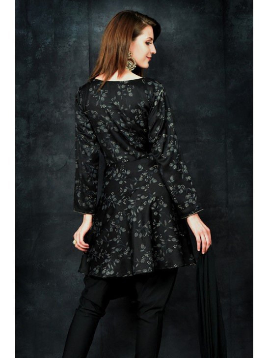 Black Peplum Style Printed Kurti Suit Set
