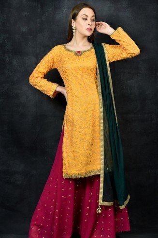 Saffron & Magenta Desi Sharara & Short Kurti Suit