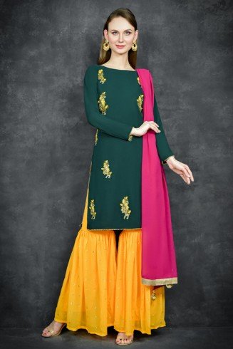 Dark Green & Saffron Yellow Punjabi Gharara Suit 