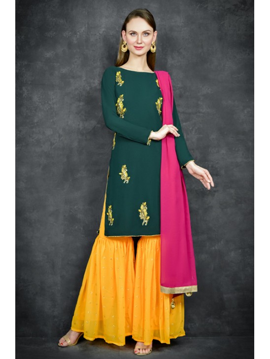 Dark Green & Saffron Yellow Punjabi Gharara Suit