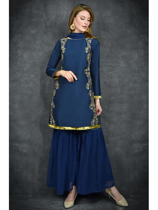 Navy Blazer Indian Party Wear Stitched Gharara Outfit