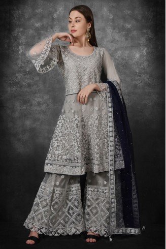 Grey Heavy Embroidered Pakistani Wedding Gharara Suit