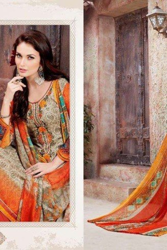 Beige & Orange Printed Winter Suit Pakistani Designer Salwar Kameez