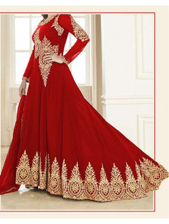 RED HEAVY EMBROIDERED FLOOR LENGTH ANARKALI DRESS