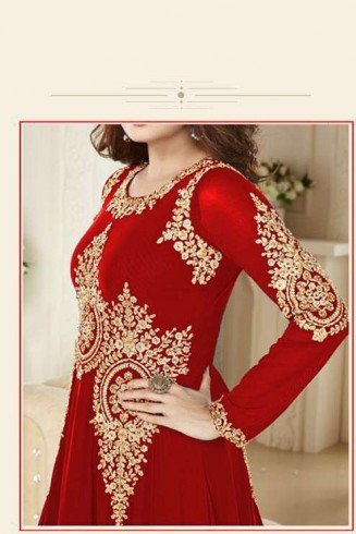 RED HEAVY EMBROIDERED FLOOR LENGTH ANARKALI DRESS