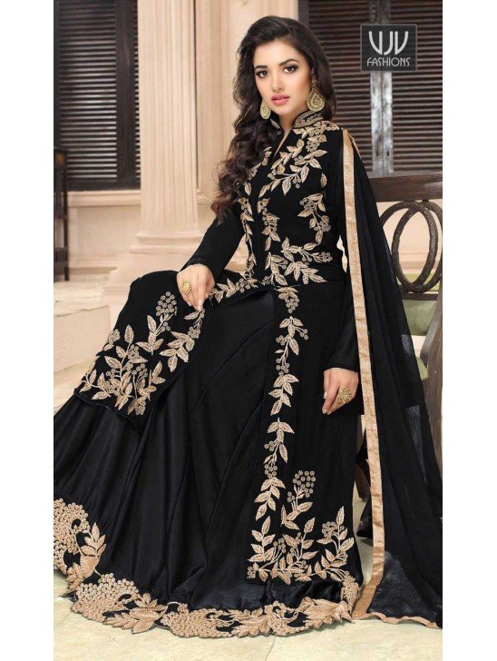 BLACK ETHNIC PARTY WEAR DESIGNER INDO WESTERN SLIT STYLE ANARKALI