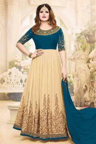 Teal Beige Party Anarkali Gown Maxi Dress