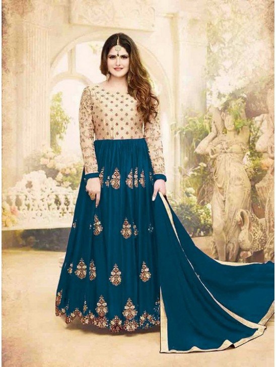 Beige Teal Blue Party Anarkali Frock