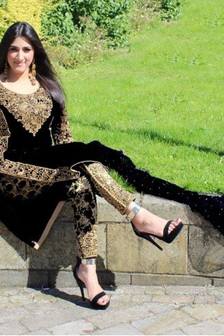 STUNNING VELVET WINTER WEAR EMBROIDERED GOLD BORDER SUIT ( IN STOCK TODAY  )