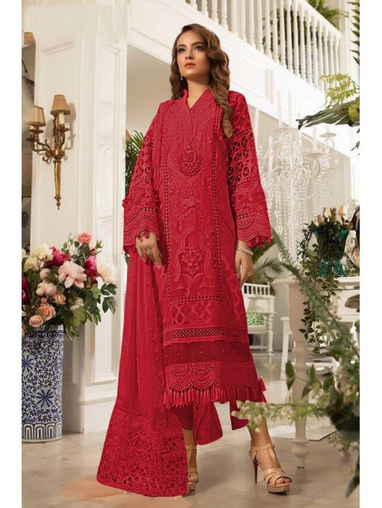 Samba Red Embroidered Organza Pakistani Style Suit