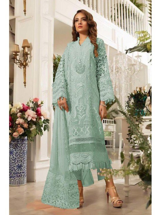 Biscay Green Organza Pakistani Designer Semi Stitched Suit