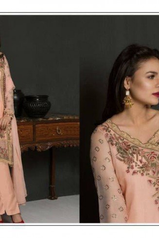 56004 CORAL PINK EMBROIDERED GEORGETTE PAKISTANI DESIGNER STYLE SUIT 