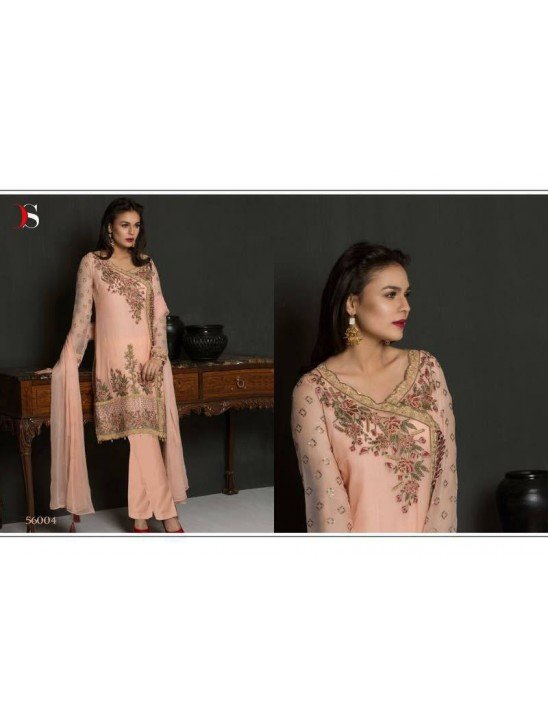 56004 CORAL PINK EMBROIDERED GEORGETTE PAKISTANI DESIGNER STYLE SUIT