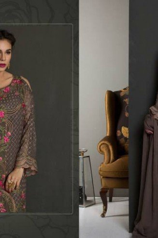 56005 BROWN EMBROIDERED GEORGETTE PAKISTANI DESIGNER STYLE SUIT 