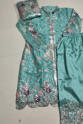Turquoise Embroidered Frock Party Wear Indian Suit