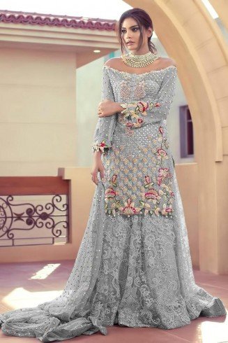 Grey Embellished Net Dress Indian Designer Palazzo Suit