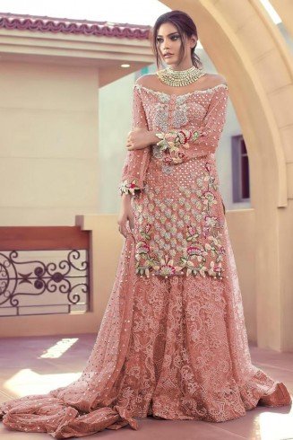 Peach Heavy Embellished Net Dress Party Wear Palazzo Suit