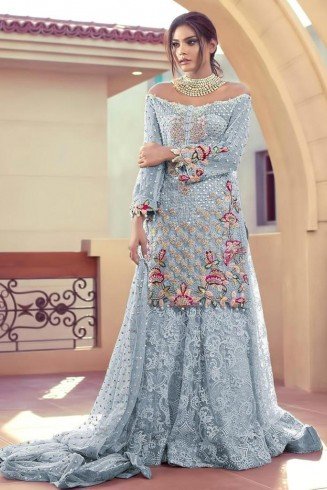 Blue Net Party Wear Suit Indian Wedding Palazzo Dress