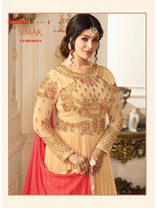 9013 PEACH GLOSSY SIMAR HEAVY EMBROIDERED AYESHA TAKAI ANARKALI STYLE GOWN