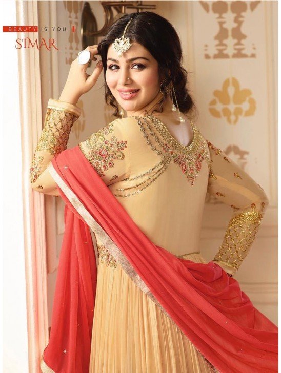 9013 PEACH GLOSSY SIMAR HEAVY EMBROIDERED AYESHA TAKAI ANARKALI STYLE GOWN