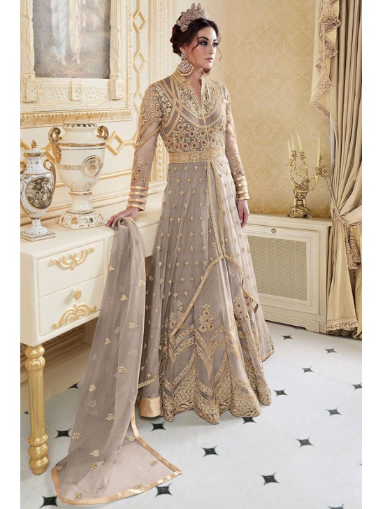 SPECTACULAR SMOKE GREY INDIAN & PAKISTANI DESIGNER PARTY AND WEDDING WEAR FANCY ANARKALI GOWN