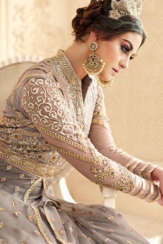 SPECTACULAR SMOKE GREY INDIAN & PAKISTANI DESIGNER PARTY AND WEDDING WEAR FANCY ANARKALI GOWN