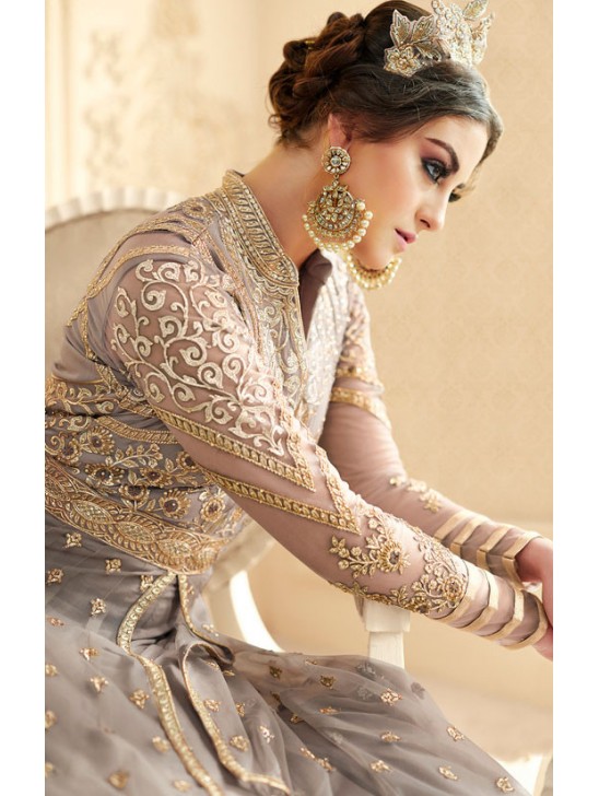 SPECTACULAR SMOKE GREY INDIAN & PAKISTANI DESIGNER PARTY AND WEDDING WEAR FANCY ANARKALI GOWN