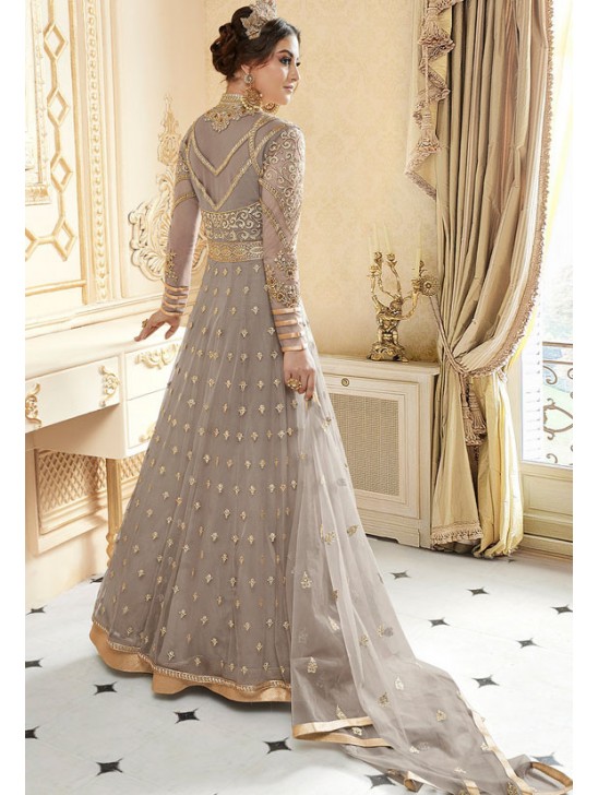 SPECTACULAR SMOKE GREY INDIAN & PAKISTANI DESIGNER PARTY AND WEDDING WEAR FANCY ANARKALI GOWN