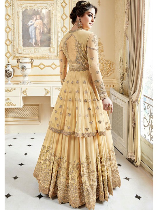 GOLDEN CREAM INDIAN & PAKISTANI DESIGNER PARTY AND WEDDING WEAR FANCY ANARKALI GOWN