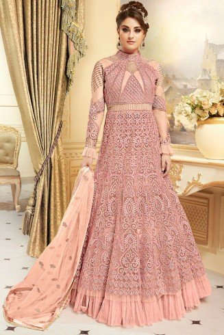 ELEGANT ROSE PINK INDIAN & PAKISTANI DESIGNER PARTY AND WEDDING WEAR FANCY ANARKALI SUIT