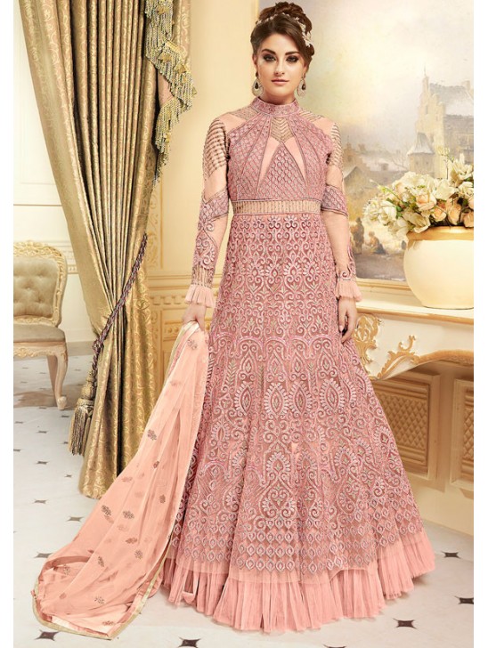 ELEGANT ROSE PINK INDIAN & PAKISTANI DESIGNER PARTY AND WEDDING WEAR FANCY ANARKALI SUIT