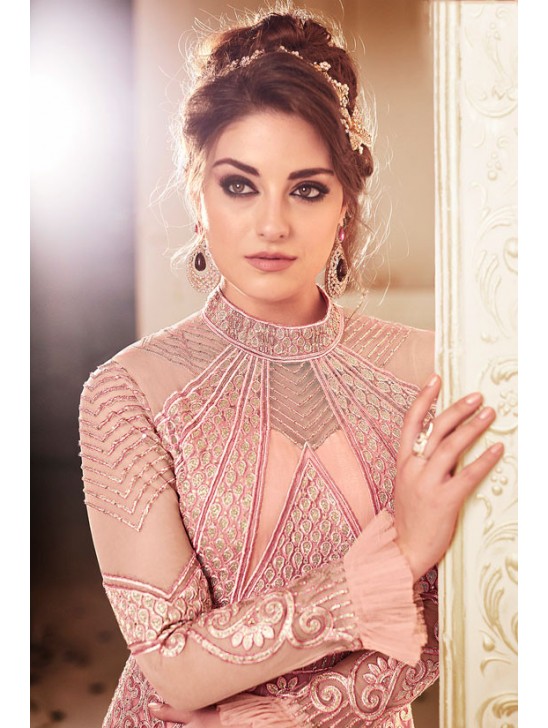 ELEGANT ROSE PINK INDIAN & PAKISTANI DESIGNER PARTY AND WEDDING WEAR FANCY ANARKALI SUIT