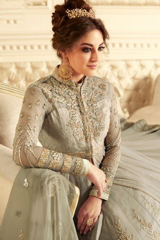 BEAUTEOUS GREY INDIAN & PAKISTANI DESIGNER PARTY AND WEDDING WEAR FANCY ANARKALI GOWN