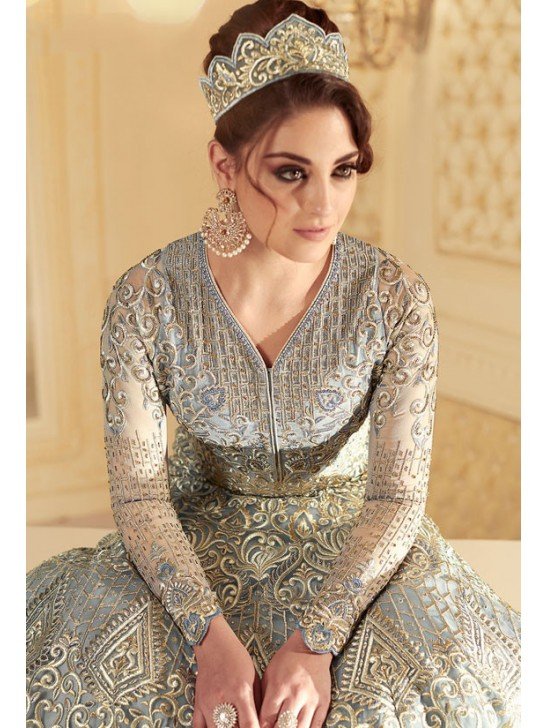 STUNNING FADED DENIM INDIAN & PAKISTANI DESIGNER PARTY AND WEDDING WEAR FANCY ANARKALI GOWN