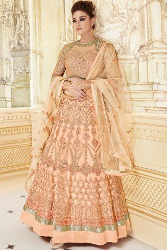 ENIGMATIC PEACH INDIAN & PAKISTANI DESIGNER PARTY AND WEDDING WEAR FANCY LEHENGA