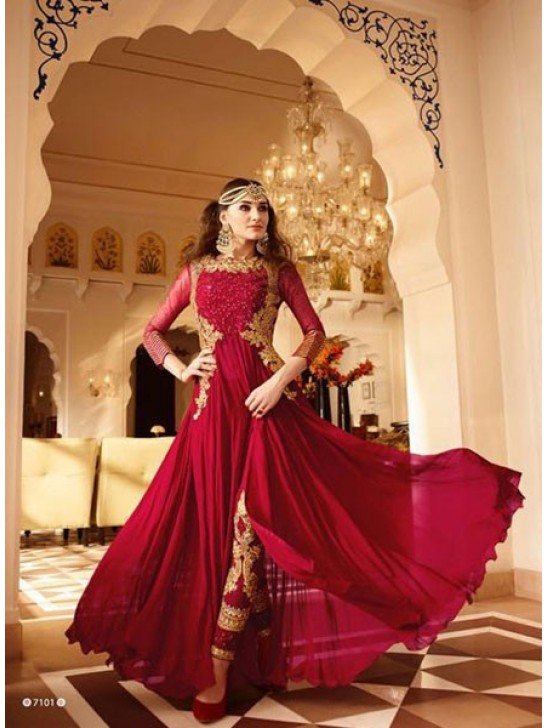 7101 RED GLOSSY DESIGNER GEORGETTE DRESS