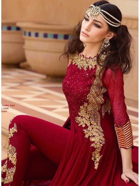 7101 RED GLOSSY DESIGNER GEORGETTE DRESS