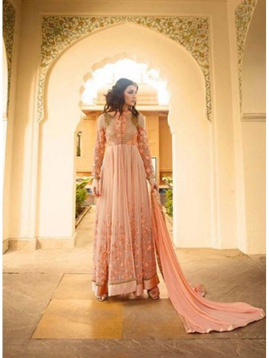 7106 PEACH GLOSSY DESIGNER GEORGETTE LEHENGA