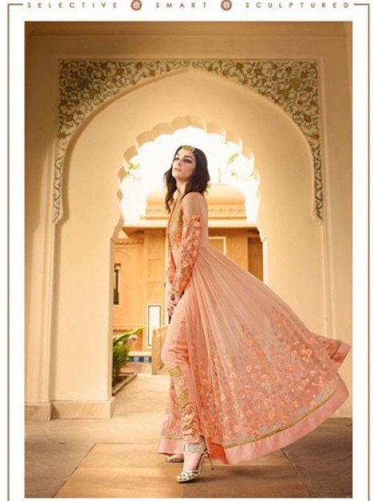 7106 PEACH GLOSSY DESIGNER GEORGETTE LEHENGA