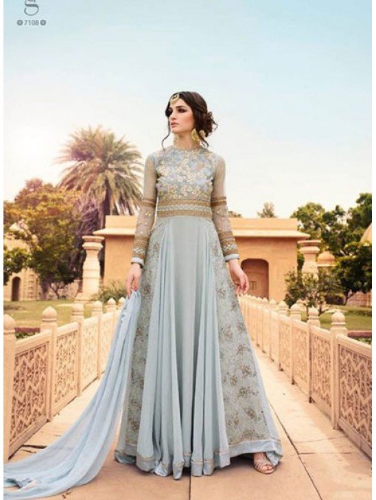 7108 ICE BLUE GLOSSY DESIGNER GEORGETTE LEHENGA