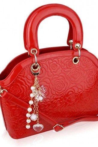 LS00134 - Red Flower Fashion Tote Bag With Charm