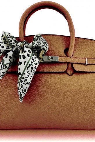 LS00141A - Light Brown Fashion Scarf Tote Designer Handbag