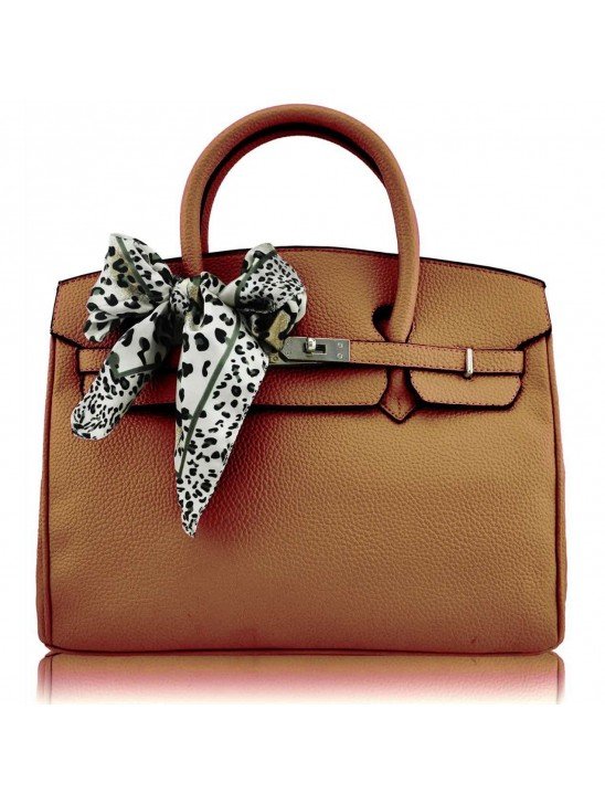 LS00141A - Light Brown Fashion Scarf Tote Designer Handbag