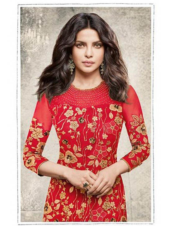 ZH5190 RED HEROINE STARDIVA PRIYANKA CHOPRA GEORGETTE STRAIGHT CUT SUIT