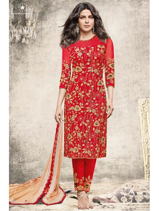 ZH5190 RED HEROINE STARDIVA PRIYANKA CHOPRA GEORGETTE STRAIGHT CUT SUIT