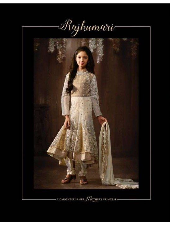 8074 OFF WHITE KARMA NET FABRIC HEAVY EMBROIDERED PARTY WEAR INDIAN DESIGNER ANARKALI SUIT FOR GIRLS